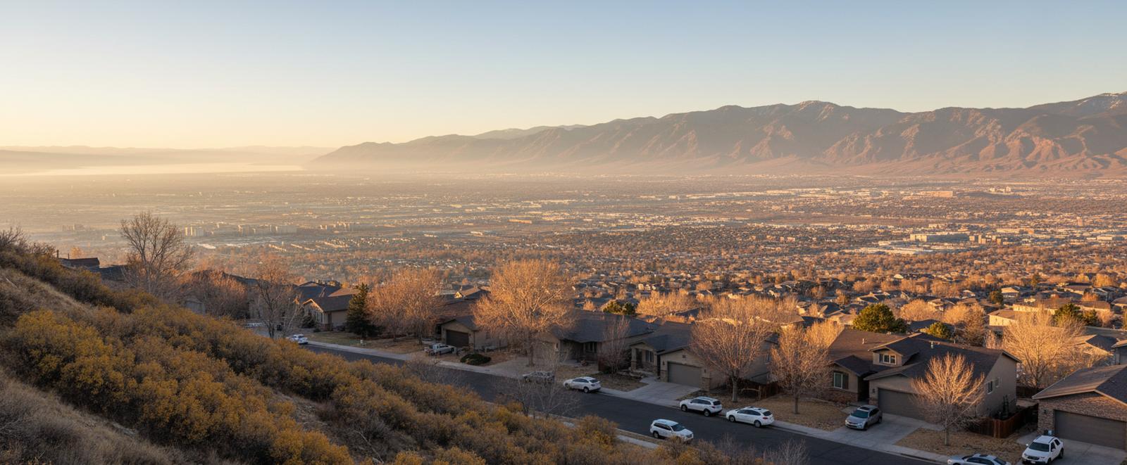 The Salt Lake Valley at sunrise seen from a street high on the east bench, rooftops and bare trees below, the valley floor in haze, a long mountain range across on the right and a pale band of haze or water far off on the left