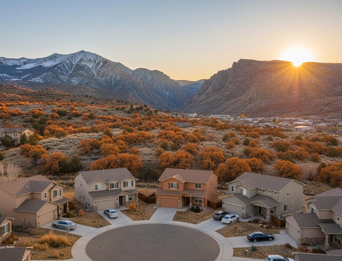 A cul-de-sac of two-storey stucco houses in Cottonwood Heights at sunrise, orange scrub oak on the slope behind and the mouth of a steep valley with snowy peaks beyond