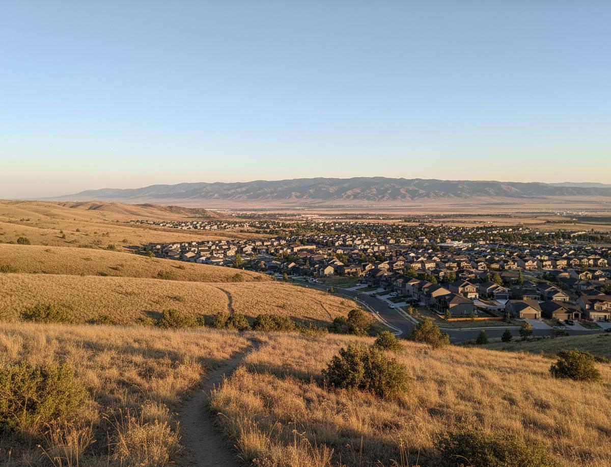 A dirt trail through golden grass and scrub on the foothills above Draper, neighborhoods spread across the valley floor below and a long ridge on the horizon