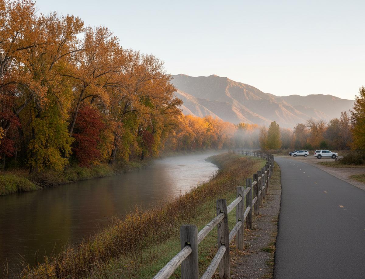 A slow river beside a paved path and split-rail fence in South Jordan, autumn cottonwoods along the bank, morning mist, two parked cars in a lot and mountains beyond